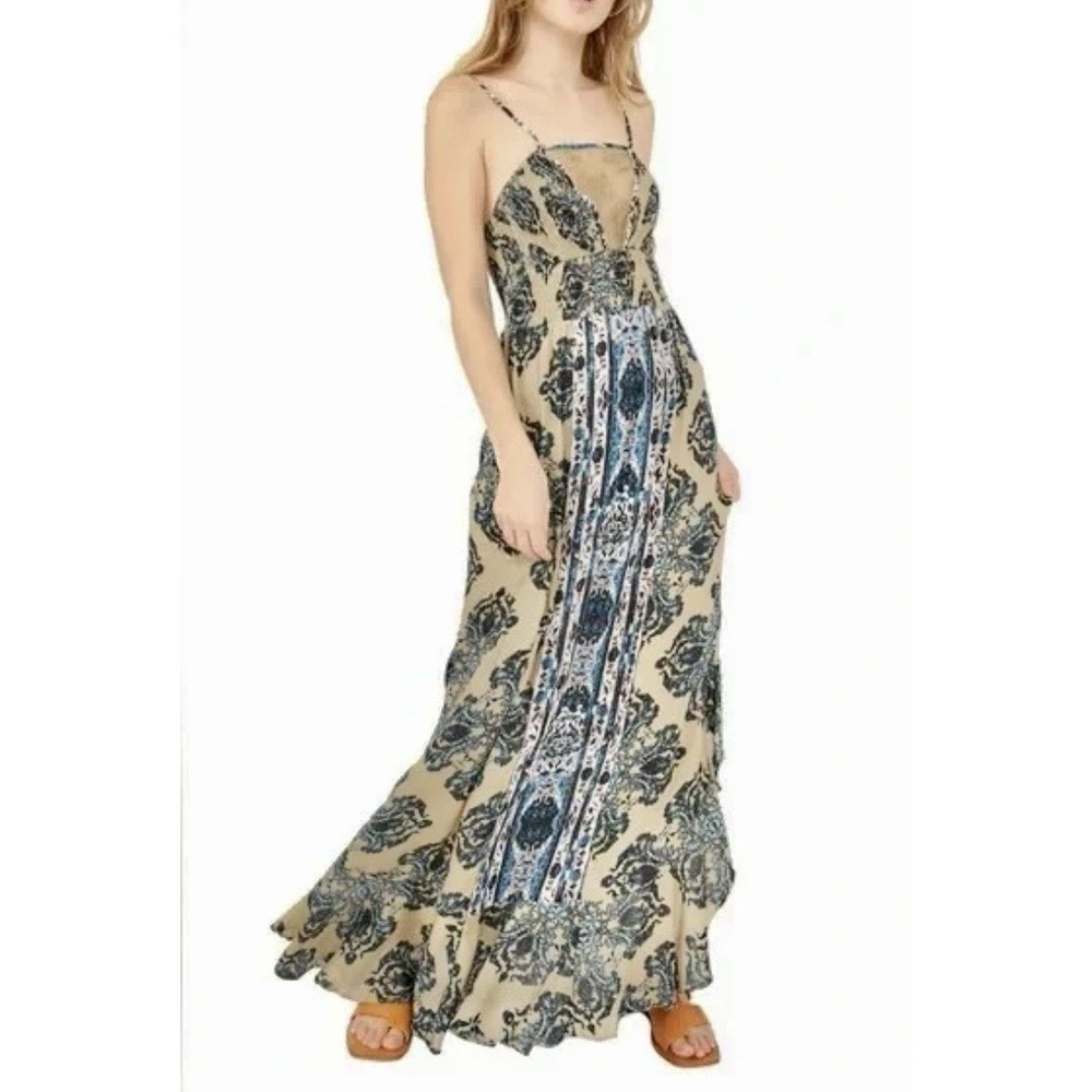 Free People That Moment Maxi Slip Dress Blue Combo Size XS